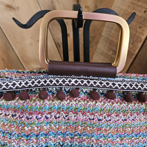 Boho Bundle! Woven Fabric Tote Bag Metal Handle Pom Poms And NWT Guess Wallet - Picture 7 of 12